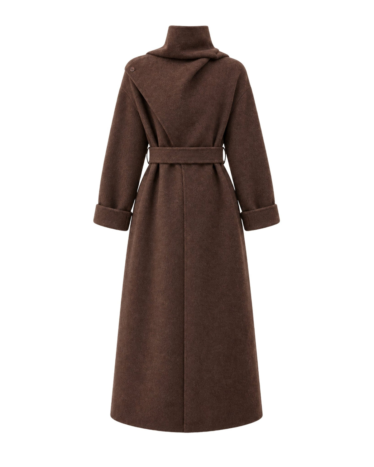 A dark brown long coat with a high mock neck, long sleeves, and a matching waist belt, shown from the back on a plain white background.
