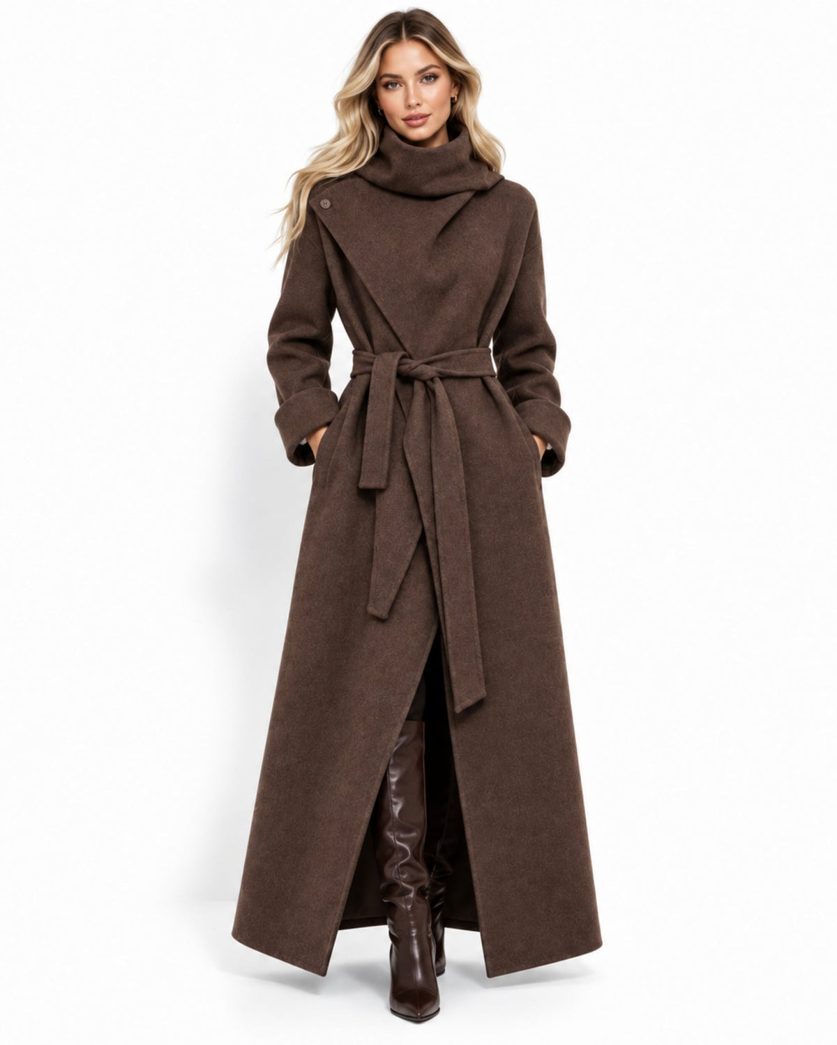 Front view of women's long chocolate brown wool wrap coat featuring an asymmetrical collar and cinched waist tie belt.