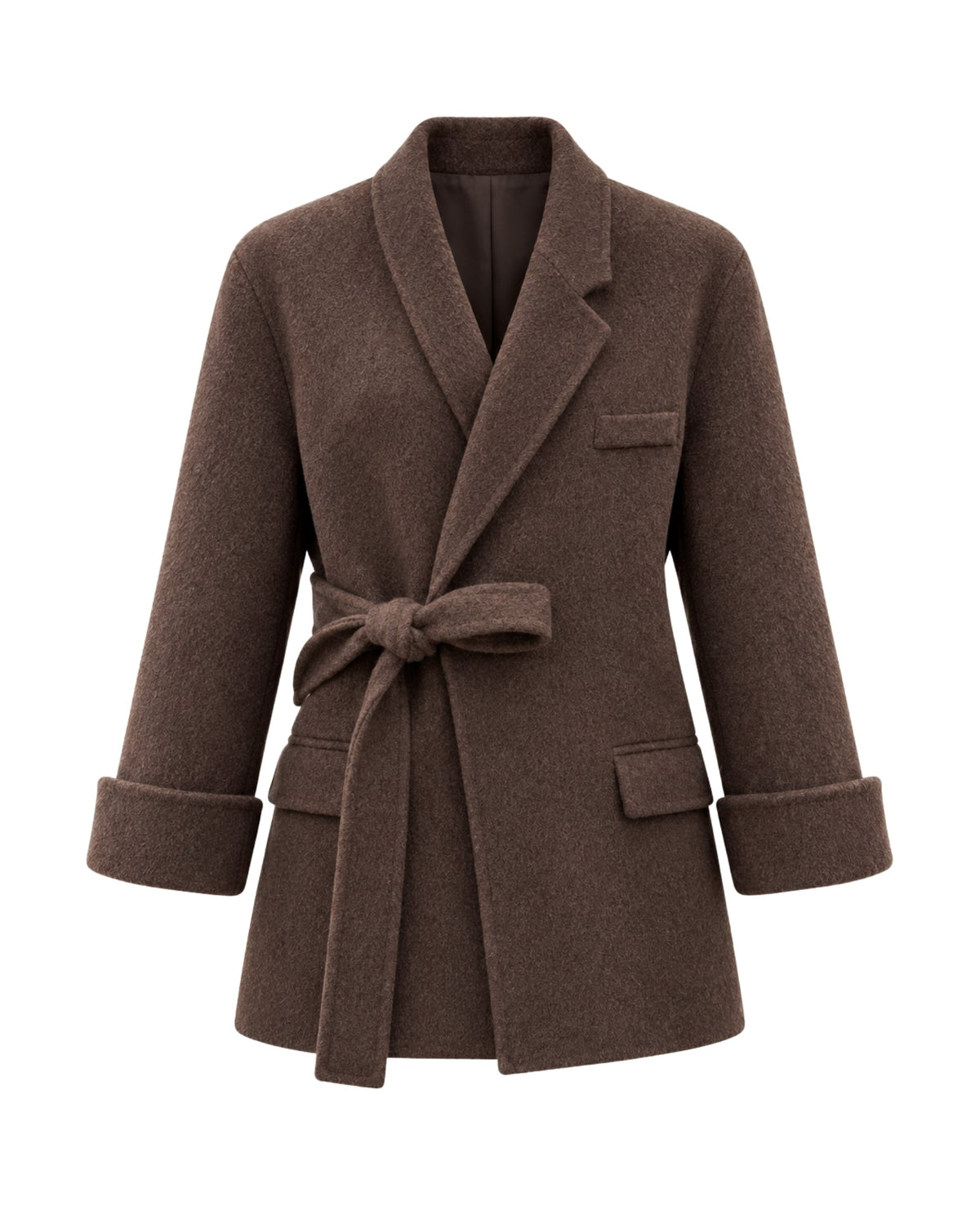 A brown wool-blend wrap coat with a matching waist tie belt, notched lapels, and flap pockets, shown on a plain white background.