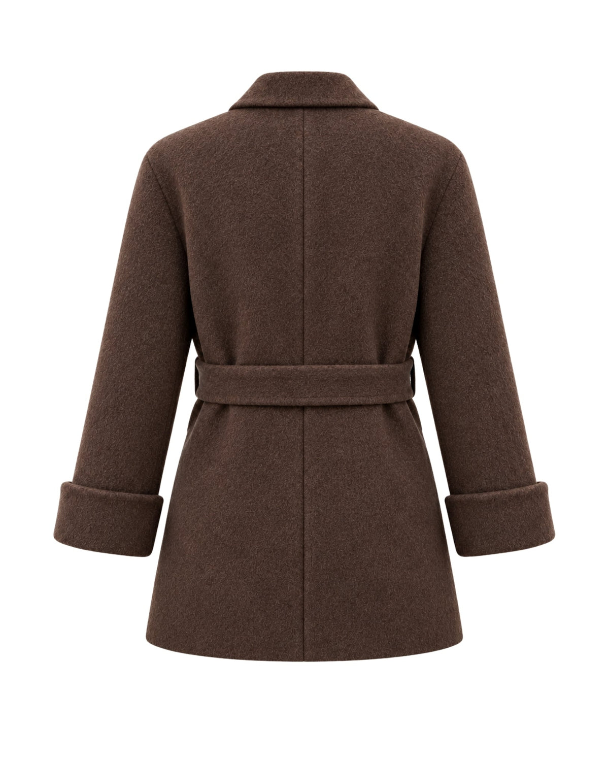 A dark brown wool coat shown from the back, featuring a collar, long sleeves with rolled cuffs, and a matching waist belt, set against a plain white background.
