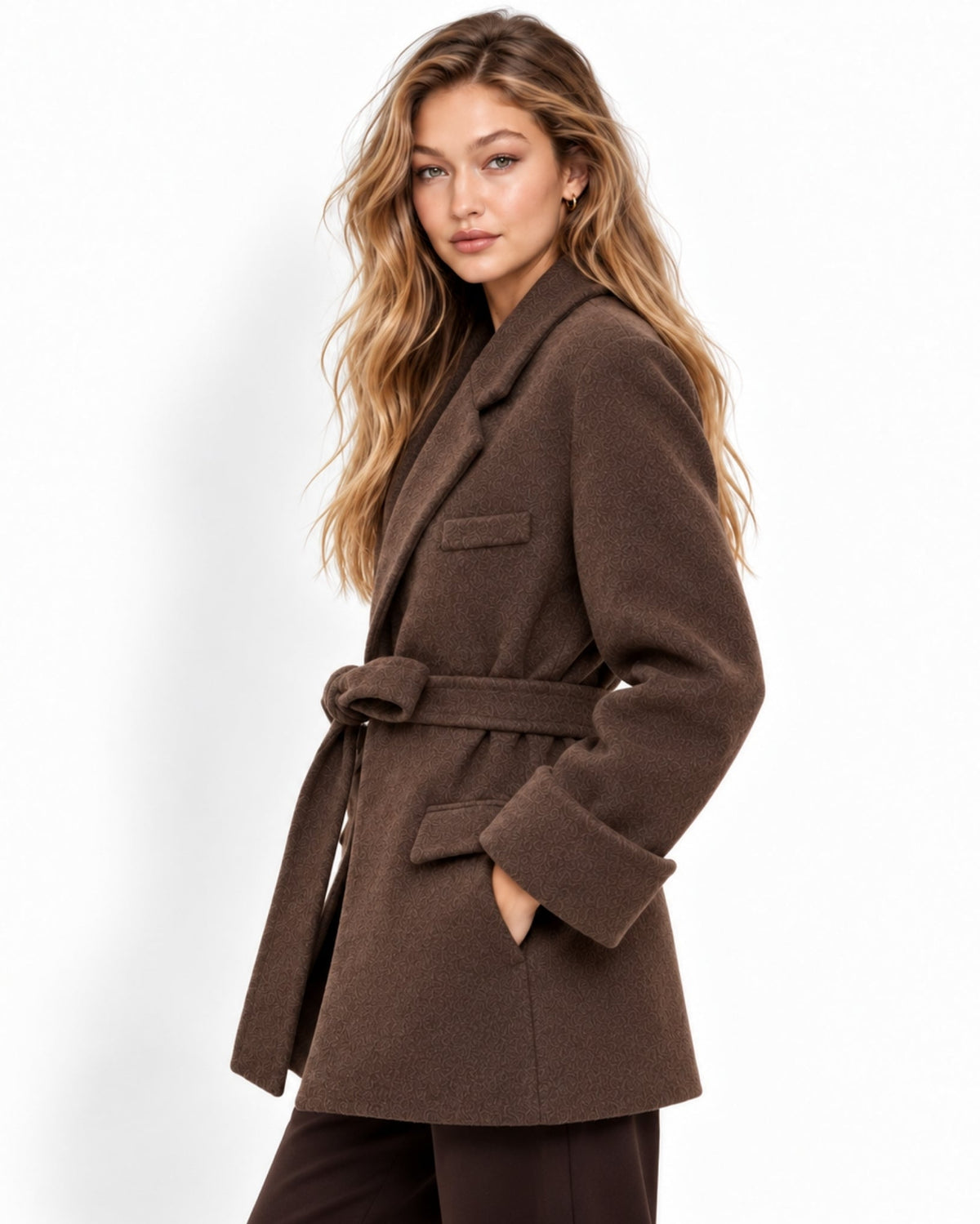 A woman modeling a brown belted coat against a clean white studio background.