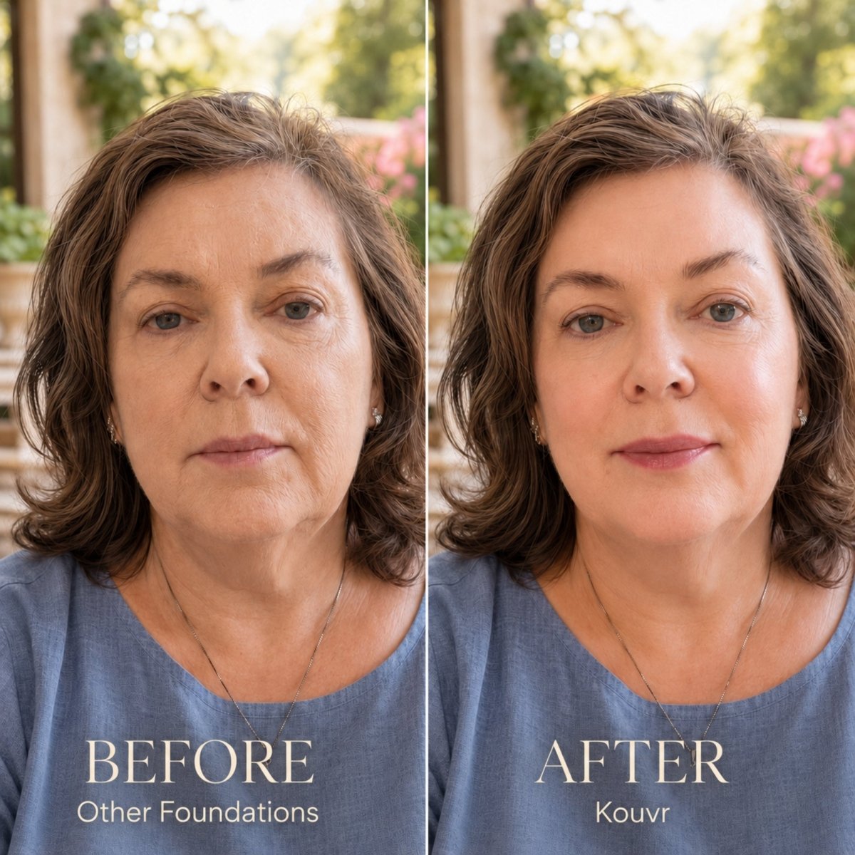Before and after comparison of a blonde woman showing how Kouvr foundation corrects uneven skin tone and smooths aging texture better than other brands.