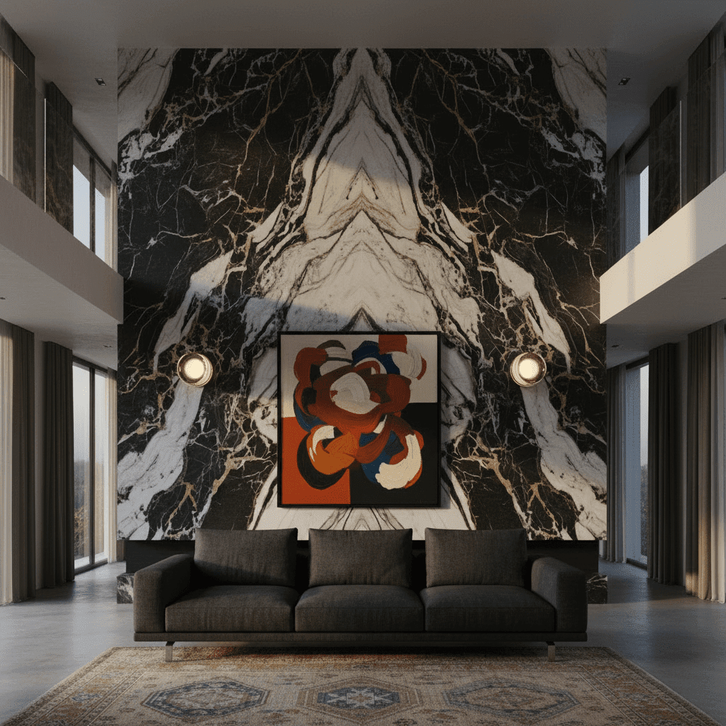 Pair of circular glass wall sconces flanking an abstract artwork on a dramatic bookmatched black and white marble feature wall in a high-ceiling luxury living room.