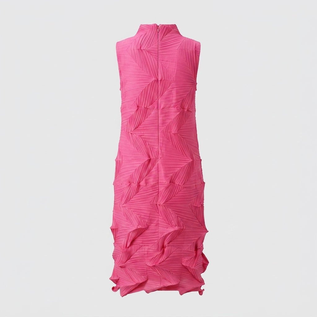Back of unlined pink plisse mock neck statement dress.