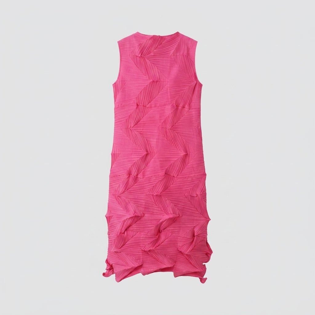 Flat lay of modern hot pink 3D textured chevron pleated midi dress.