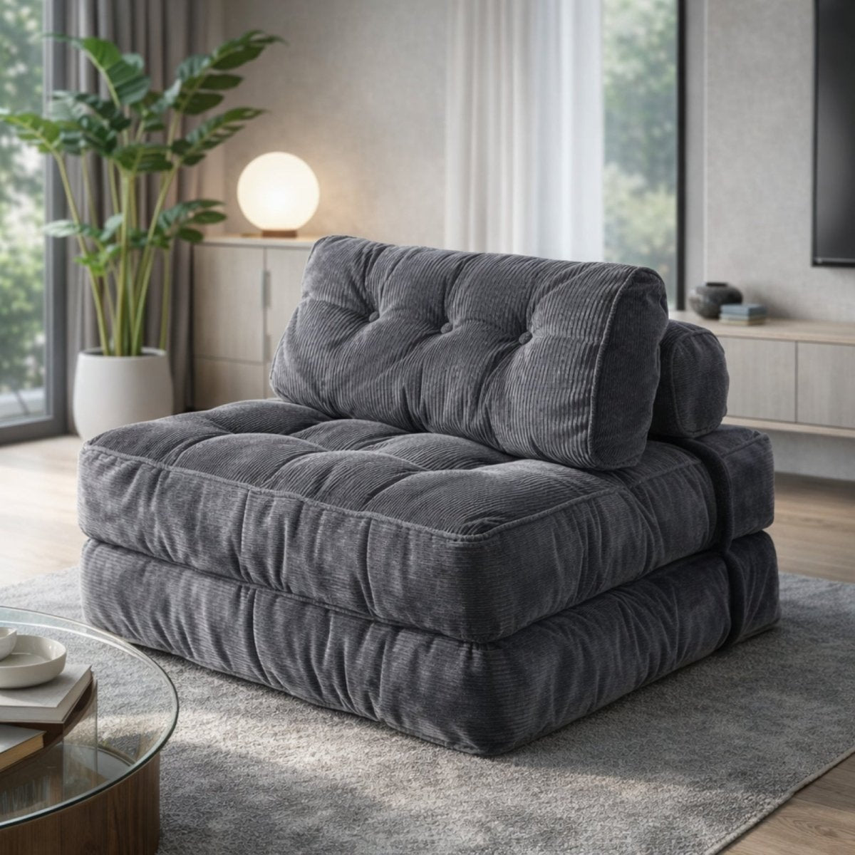 Kouvr dark grey corduroy convertible floor chair in folded sofa mode sitting in a modern living room with natural light.