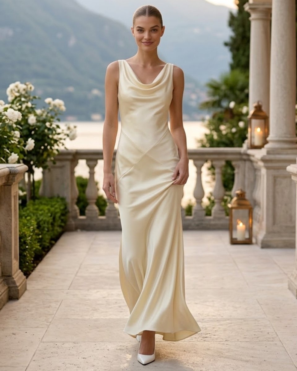 A woman stands on a stone terrace wearing a sleeveless, floor-length cream satin gown with a draped neckline and gathered skirt. The background shows a scenic lake or sea with mountains, white flowers, and lit lanterns.