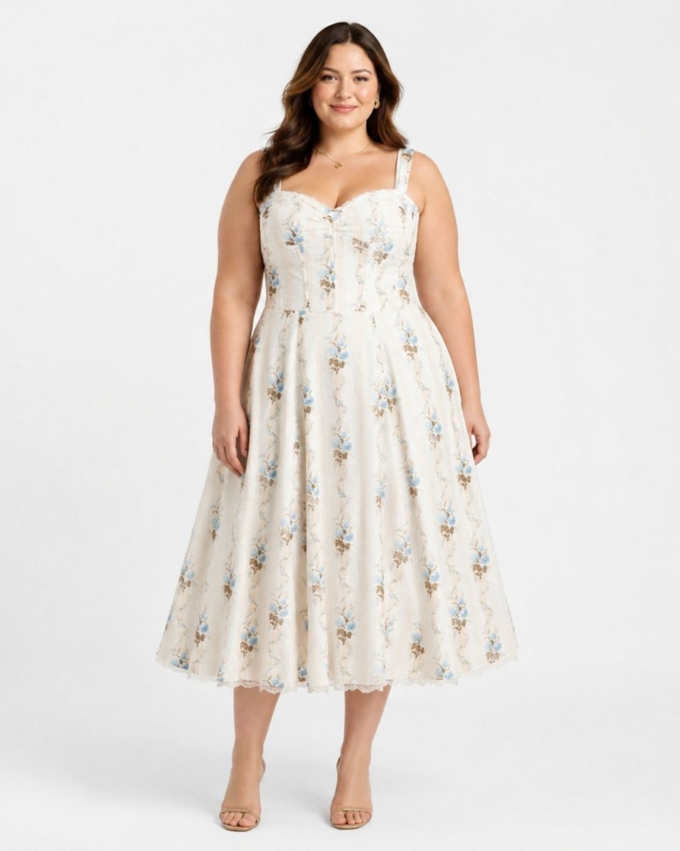 A woman modeling a sleeveless cream-colored midi dress with a blue and brown floral pattern, photographed against a solid white studio background.