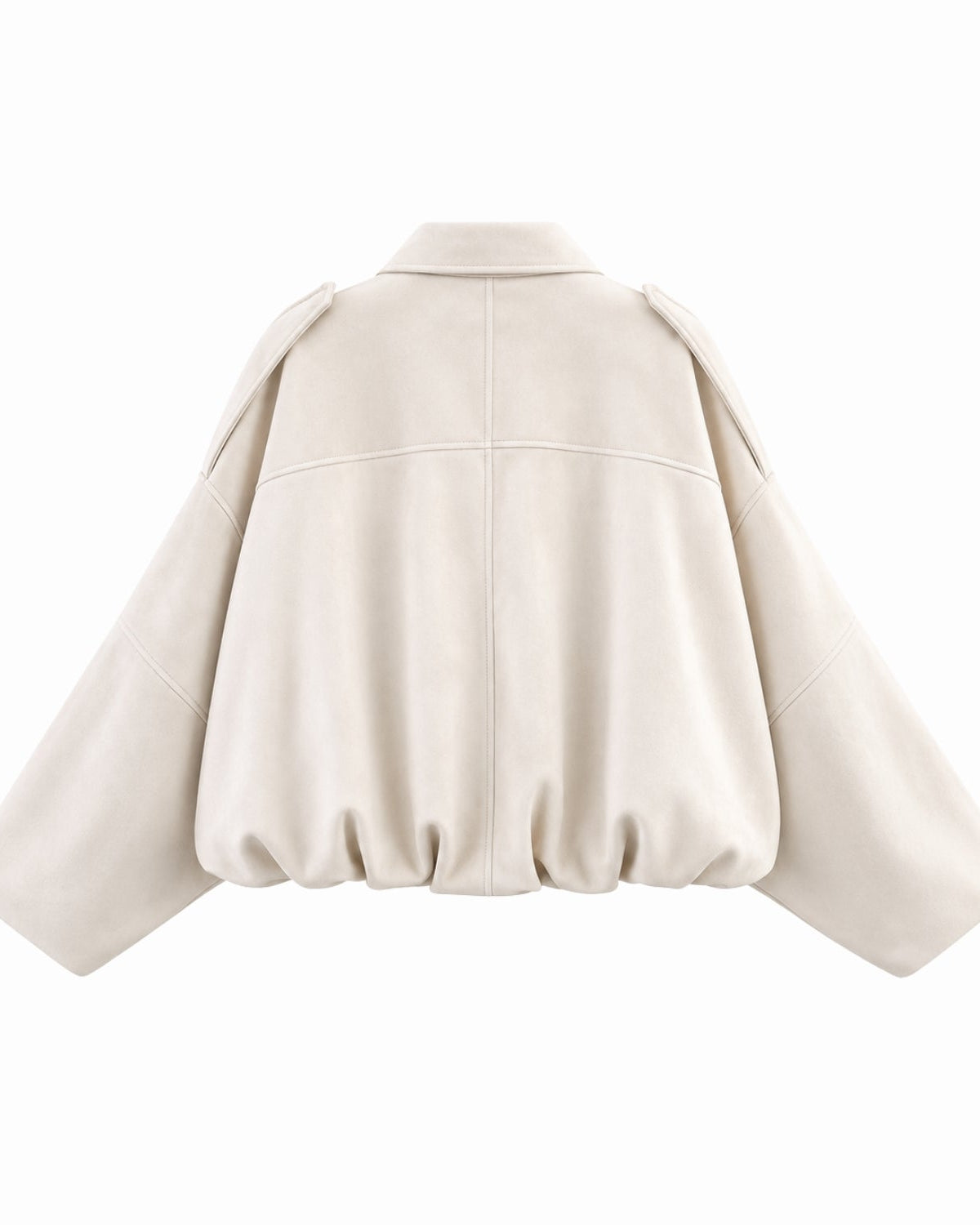 A cream-colored cropped jacket with wide, balloon sleeves and structured shoulder details, shown from the back on a solid white background.