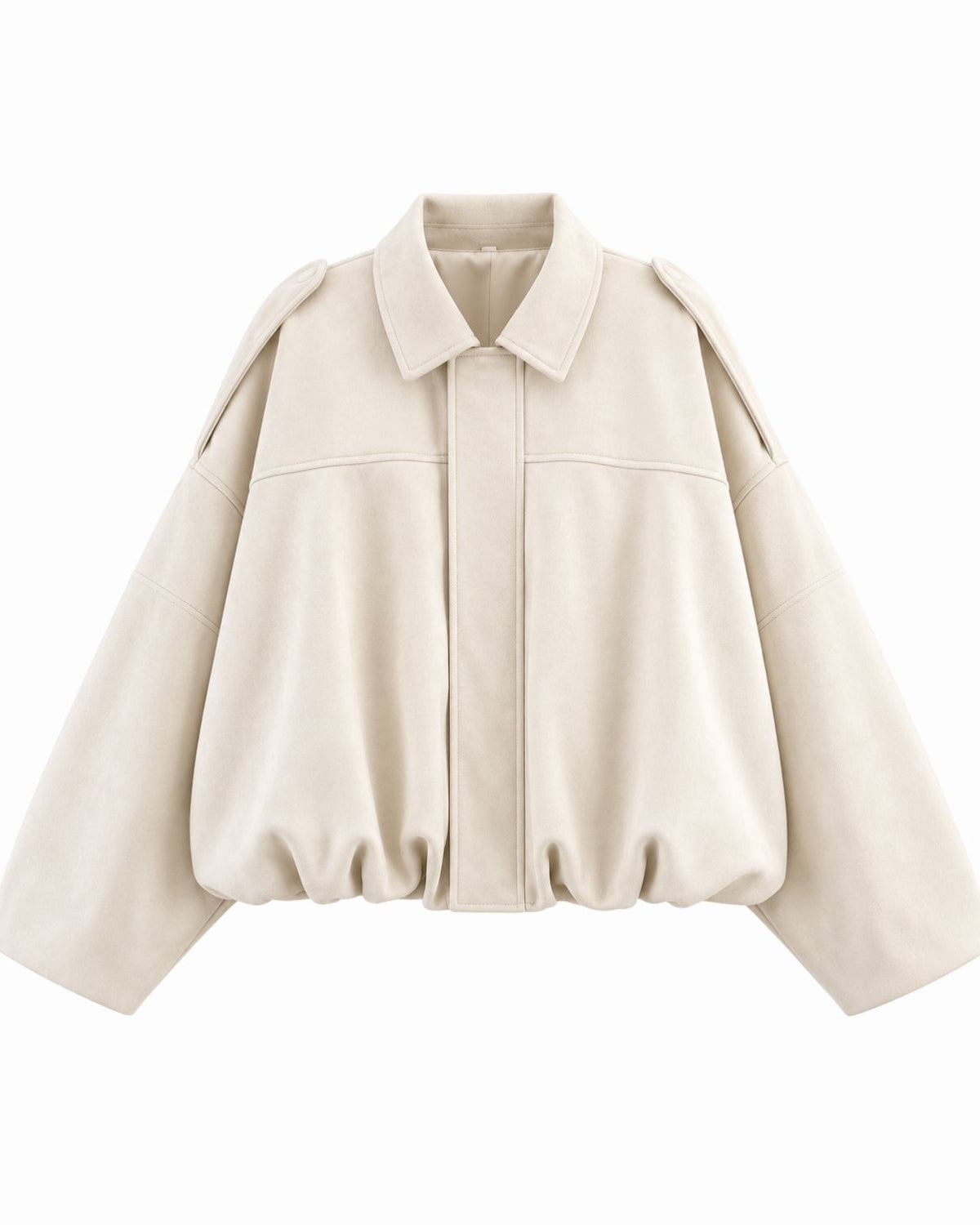 A cropped, oversized beige jacket with a pointed collar, long sleeves, and gathered elastic cuffs, shown against a plain white background.