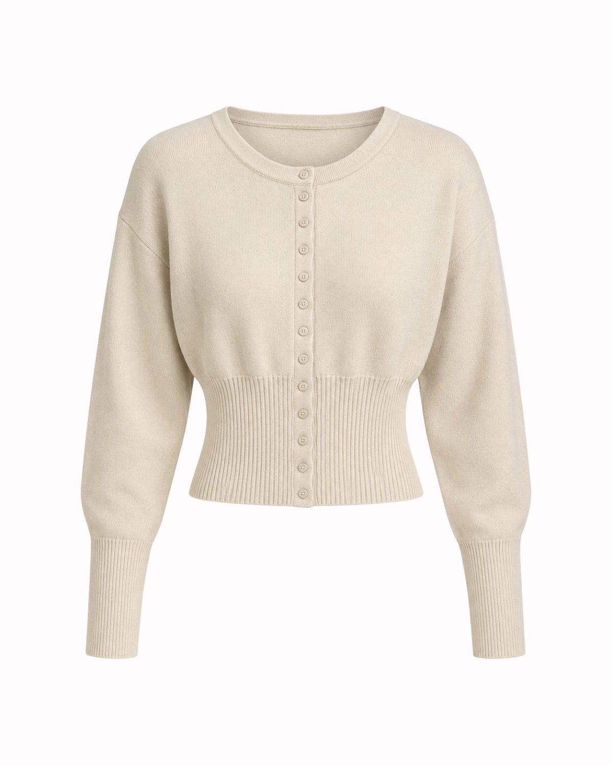 A cream-colored cropped knit cardigan sweater with a button-up front, long sleeves, and ribbed cuffs and hem, shown against a plain white background.