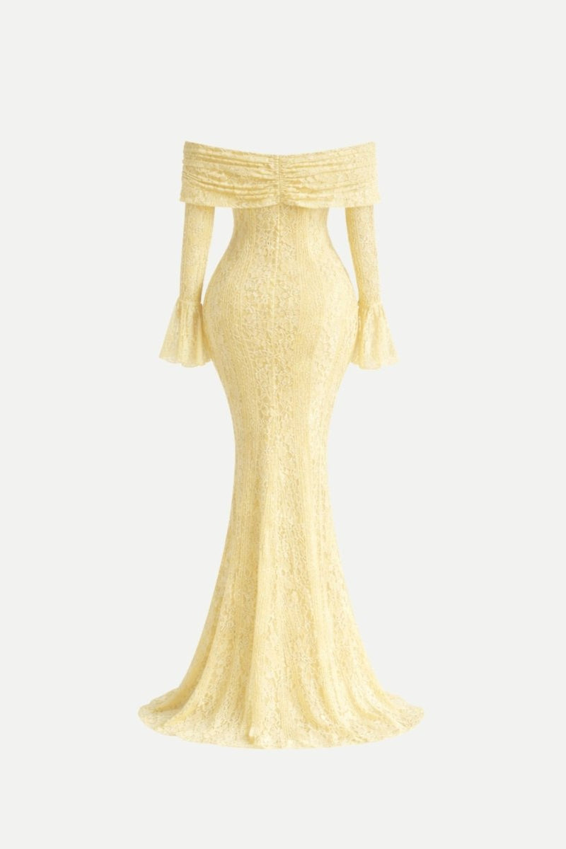 Back ghost mannequin view of cream yellow floral lace trumpet gown showing foldover back detail
