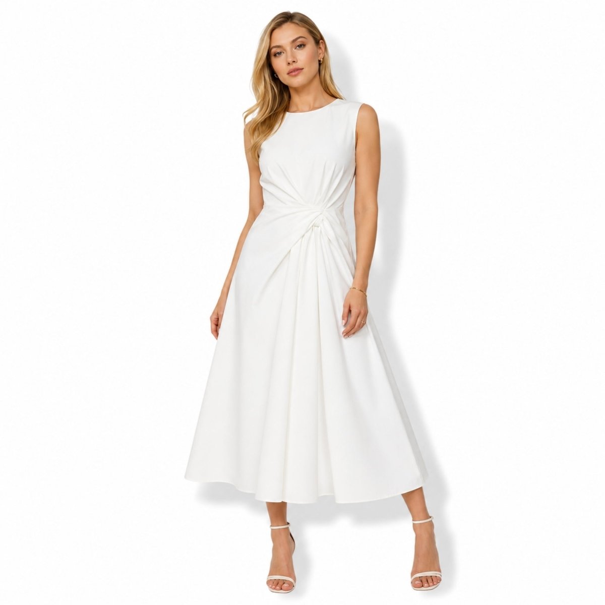 Front view of luxury crisp white sleeveless midi dress with architectural twist waist detail perfect for summer events and elegant daytime wear.