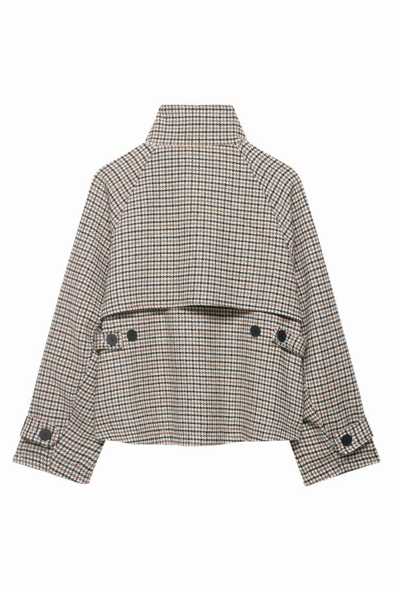 Ghost mannequin back view of a brown and black plaid cropped outerwear jacket displaying the storm flap and boxy silhouette.