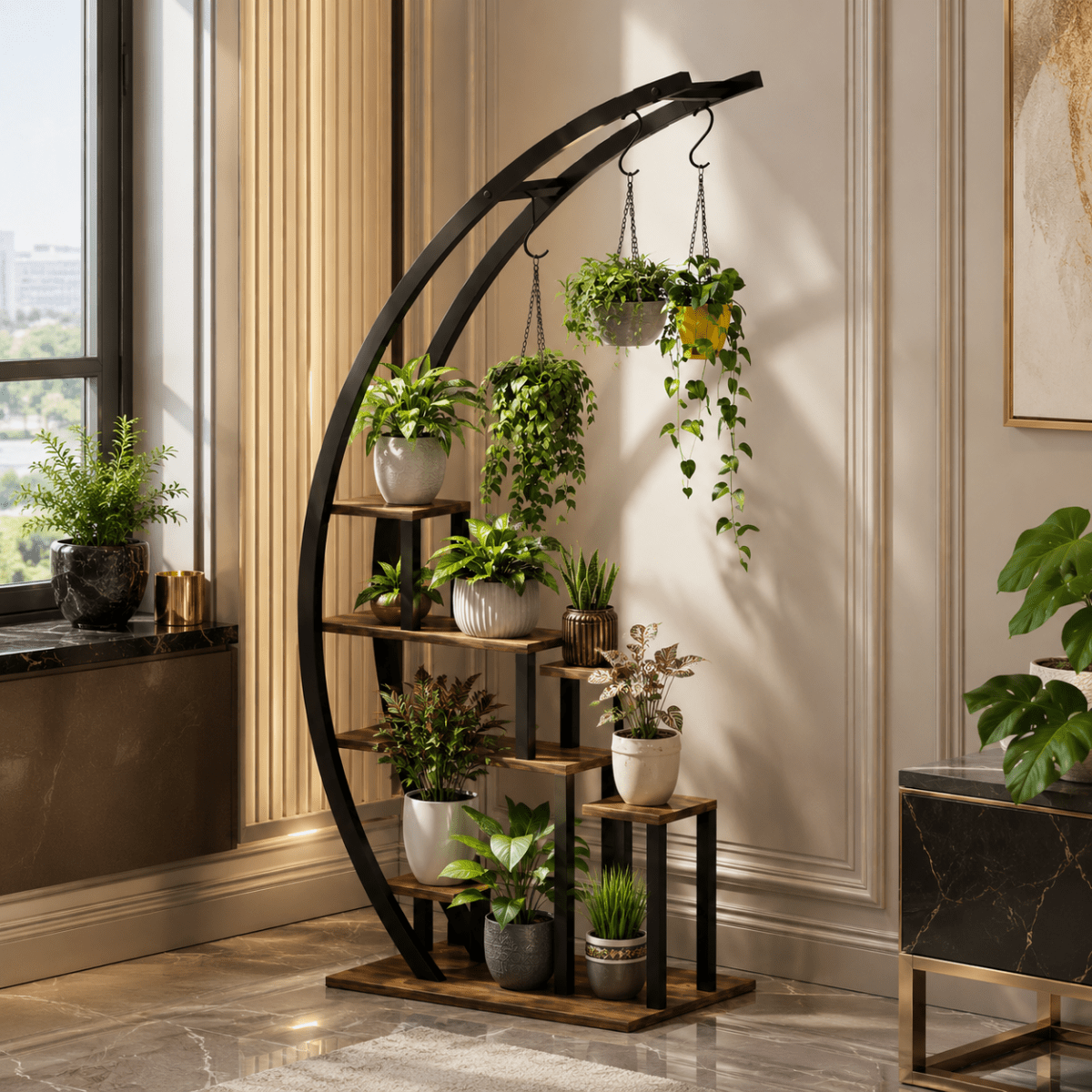 Woman arranging trailing ivy vines on the integrated steel hanging hooks of a large circular indoor plant display shelf next to a large window.