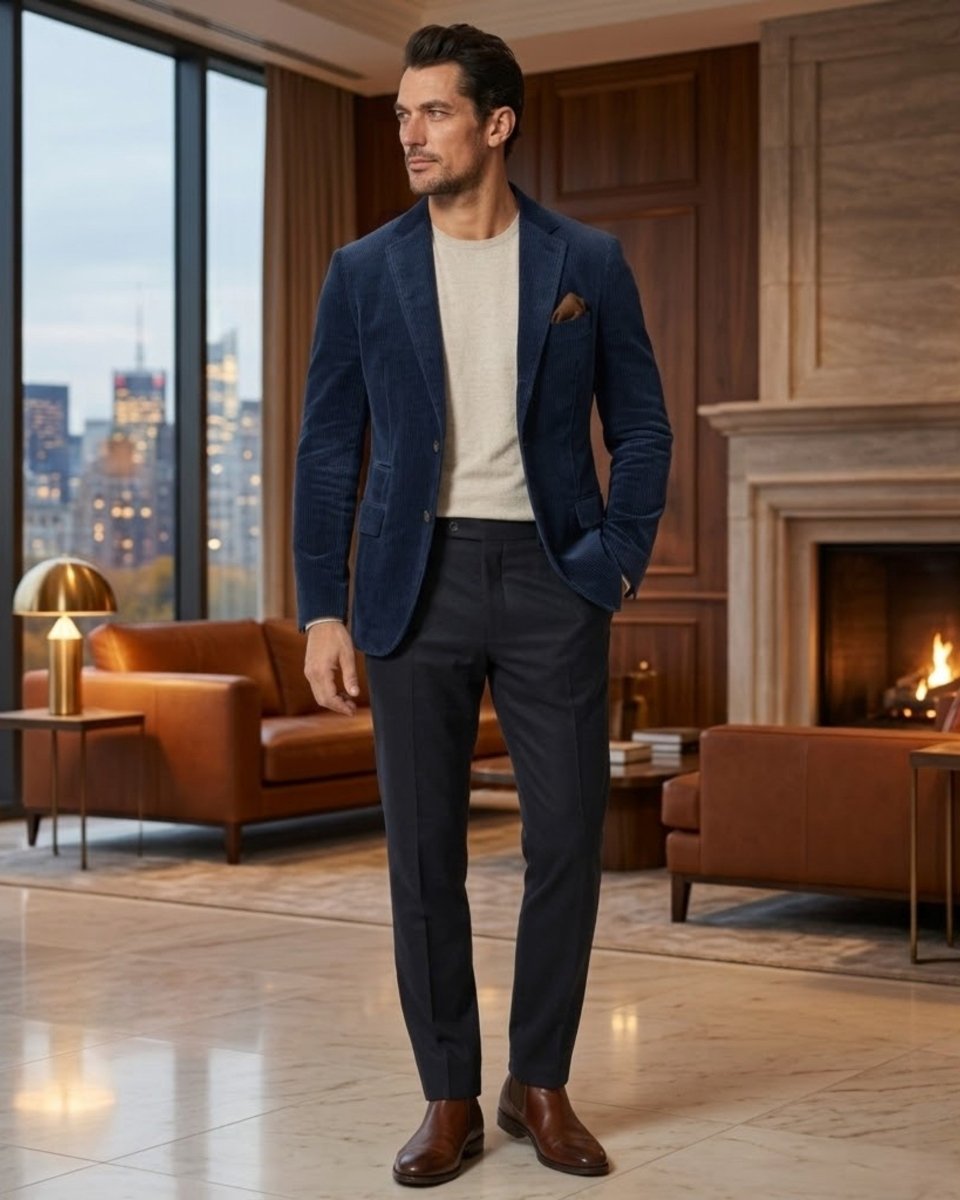 A man stands in a luxurious room with a fireplace and large windows, wearing a navy blue corduroy blazer, dark navy trousers, a cream knit sweater, and brown leather dress shoes.