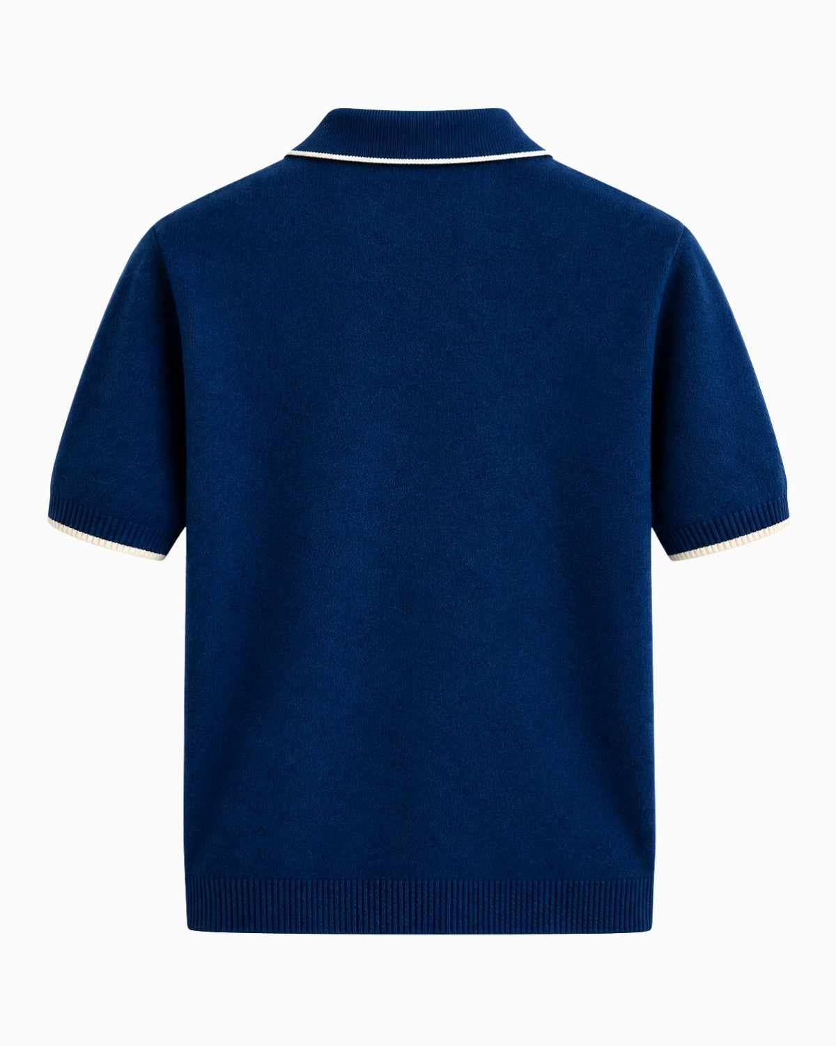 A navy blue short-sleeve knit polo shirt shown from the back, featuring white contrast piping along the collar and sleeve cuffs, set against a plain white background.