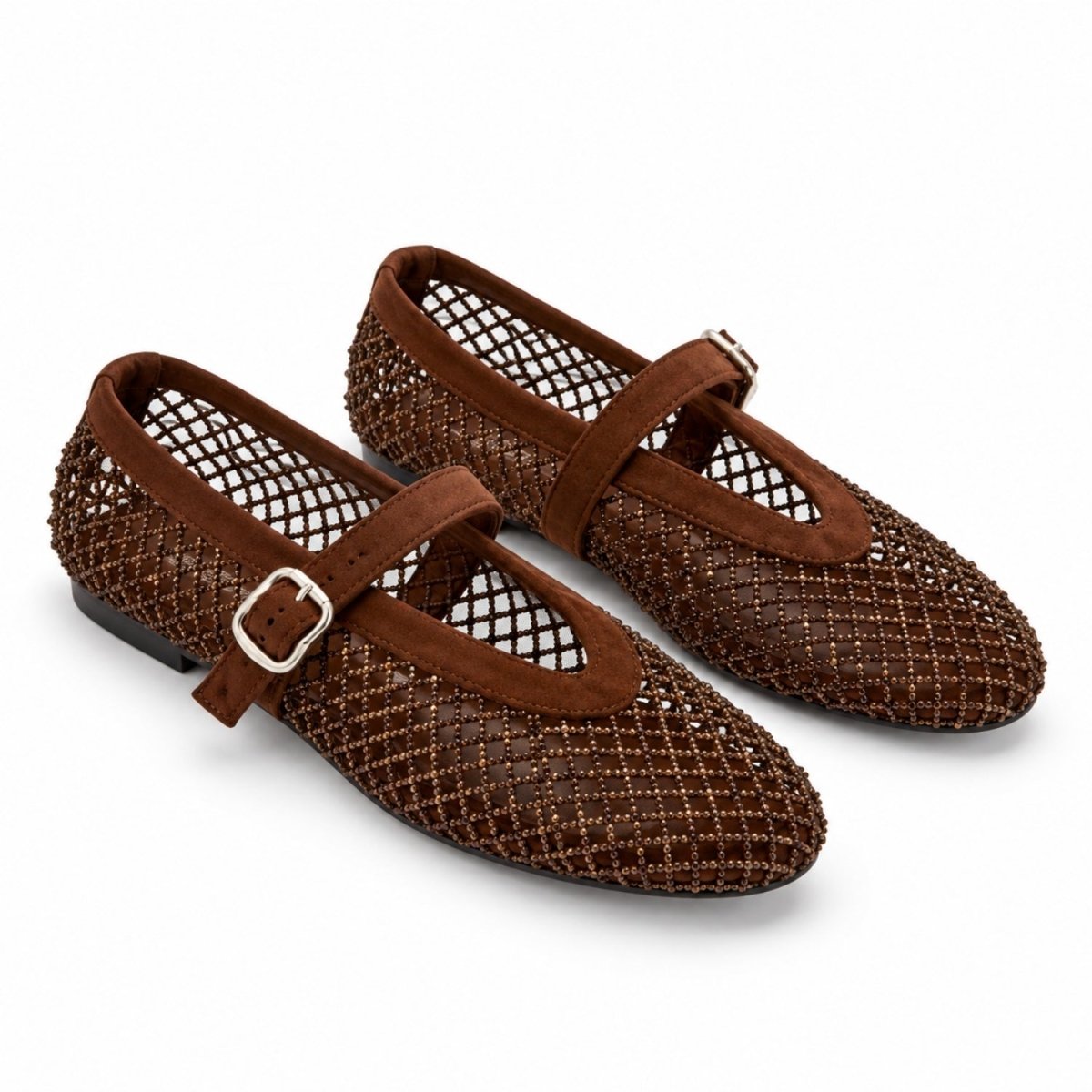 Dark Brown crystal embellished mesh Mary Jane flats for women featuring soft suede straps and breathable net design