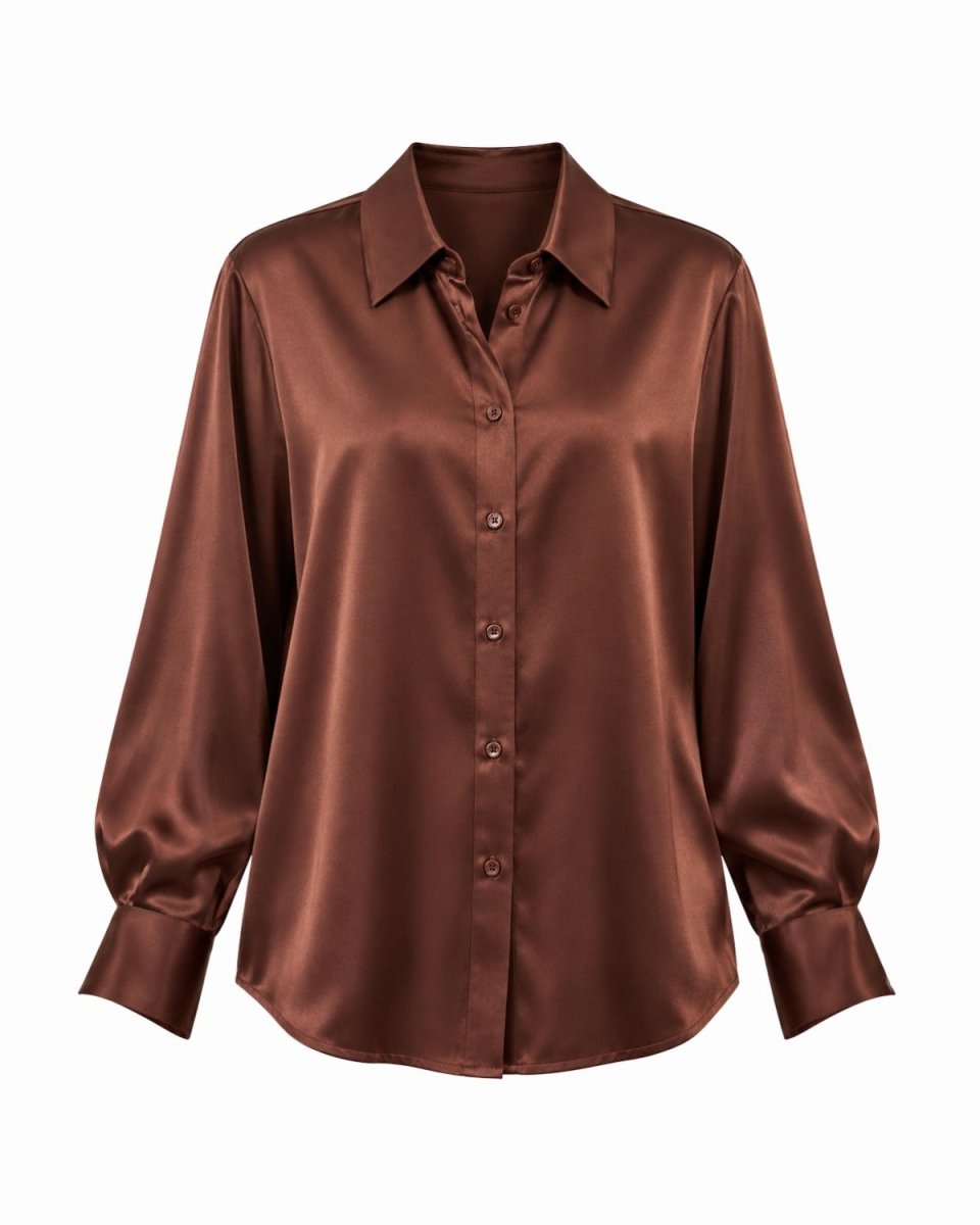 A brown silk button-down shirt with a pointed collar and long sleeves, displayed on a clean white background.
