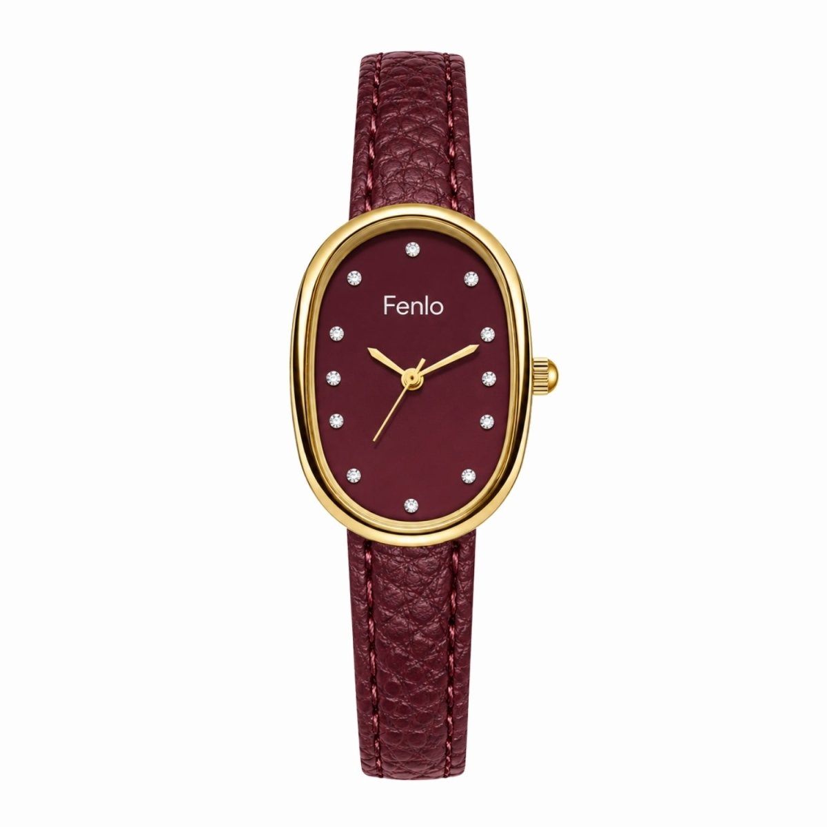 A women's oval wristwatch by Fenlo with a textured dark brown leather strap, a matching burgundy dial, and a gold-tone case accented with small crystal hour markers.