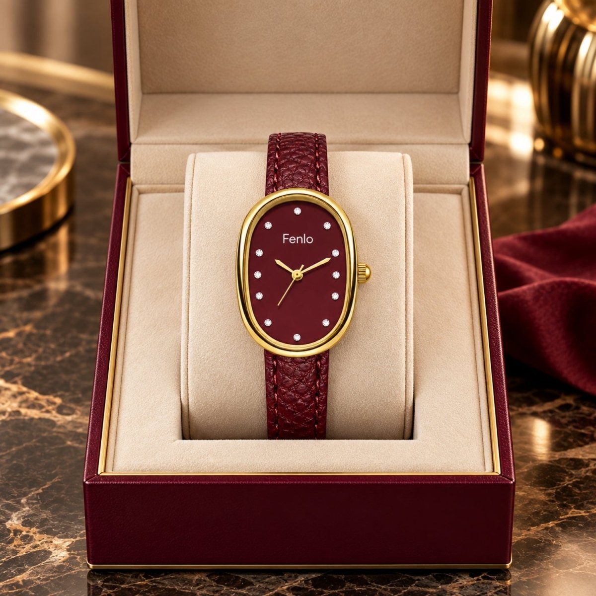 A Fenlo oval watch with a dark brown leather strap and burgundy dial, presented inside an open burgundy and beige watch box on a polished marble surface.