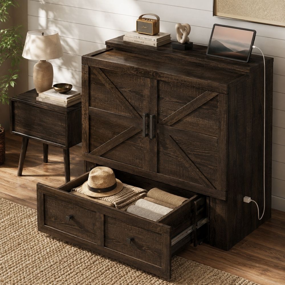 Dark brown wooden storage cabinet with two upper doors in an X-frame design and a lower pull-out drawer shown open, styled in a rustic room setting with a side table, lamp, and decorative items.