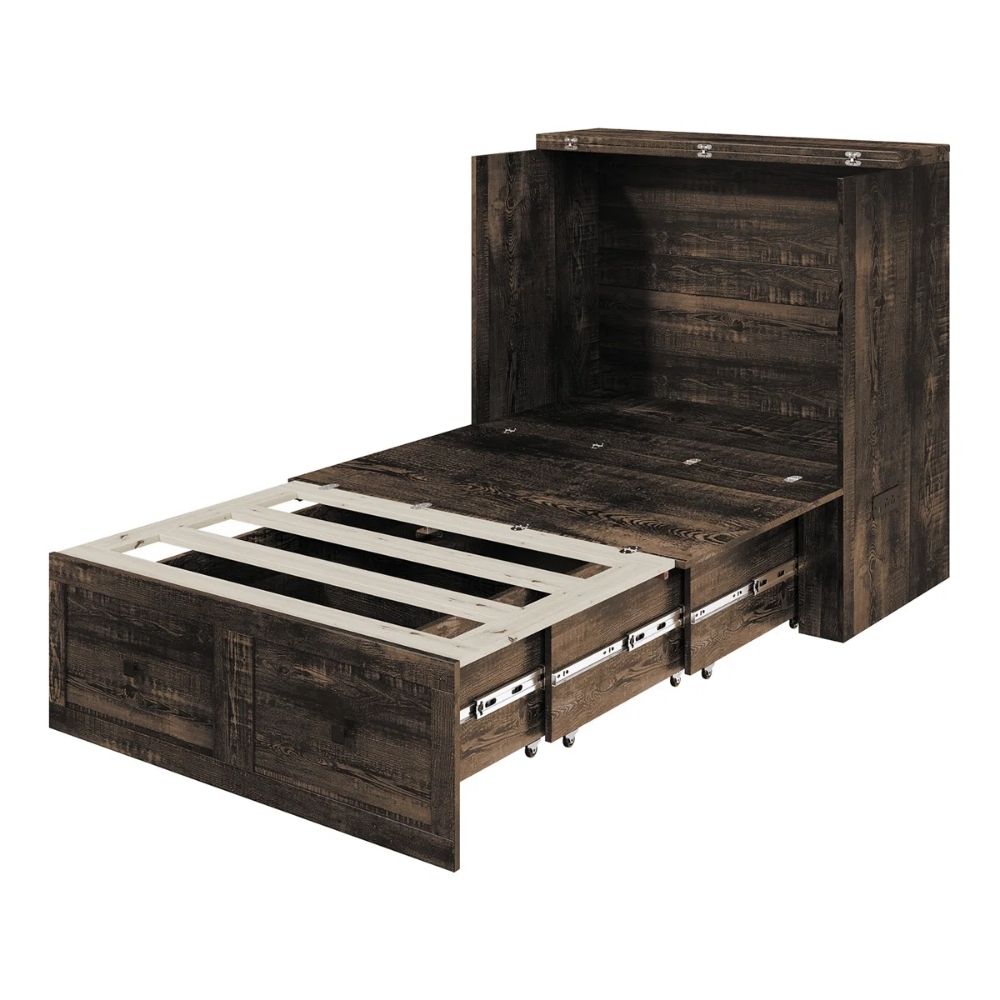 A dark brown rustic wood convertible bed frame with its headboard panel folded down to become a storage cabinet, and one of the drawers pulled out, shown on a plain white background.