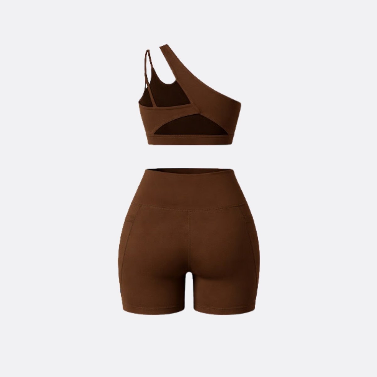 Flat lay back view of dark brown strappy sports bra and high waisted athletic shorts