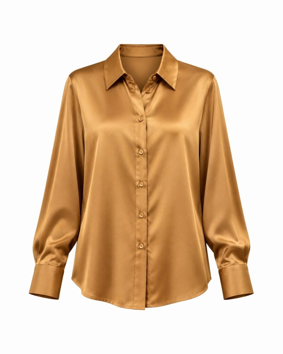 A long-sleeve satin button-up blouse in a warm golden-brown color, displayed on a clean white background.