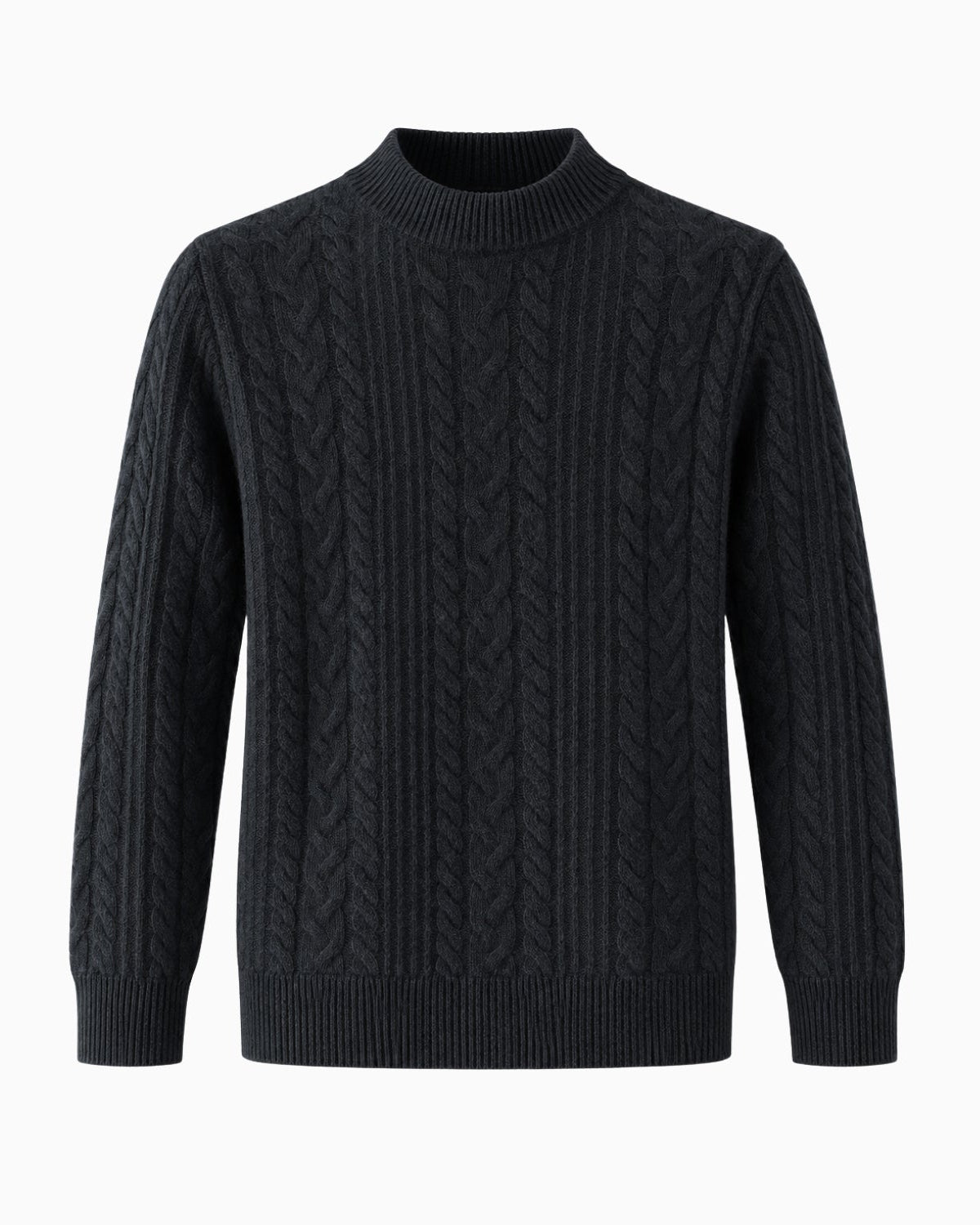A dark charcoal gray cable-knit sweater with a mock neck, displayed on a clean white background.