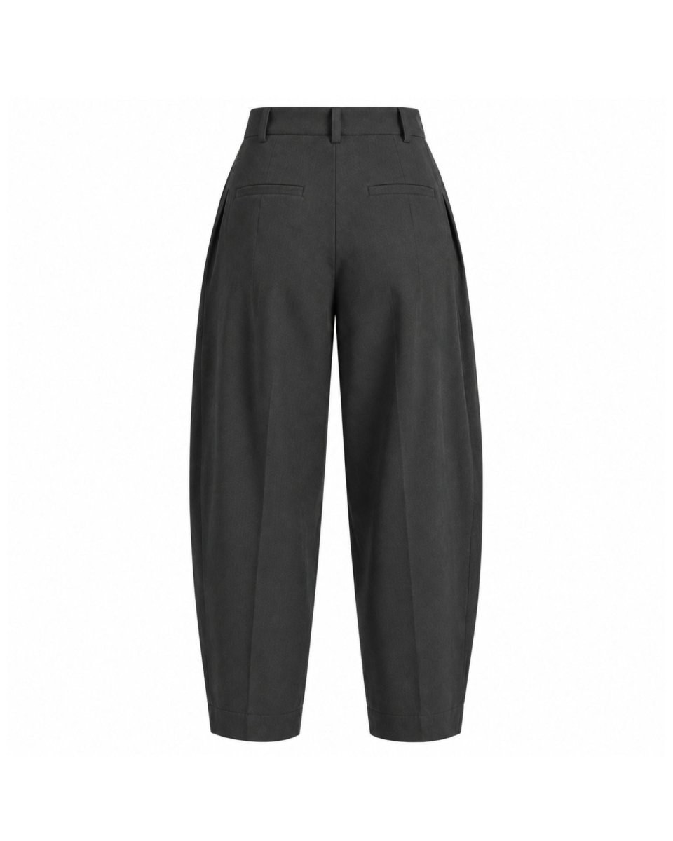 A pair of dark gray wide-leg cropped trousers shown from the back, featuring a belt loop, two rear welt pockets, and a straight, clean silhouette on a solid white background.