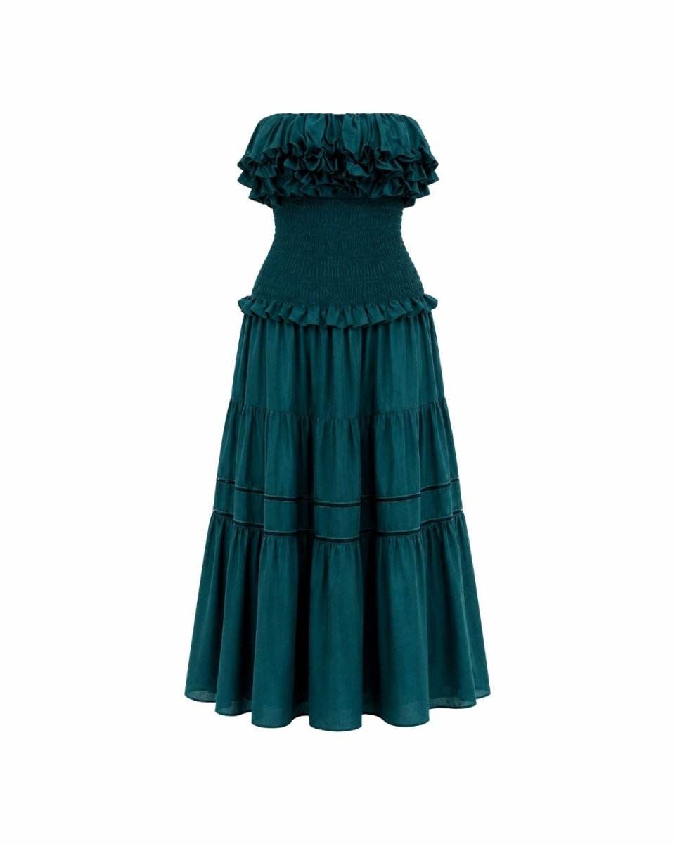 Studio flat lay back view of dark green smocked bodice maxi dress highlighting the gathered stretch waist styling.