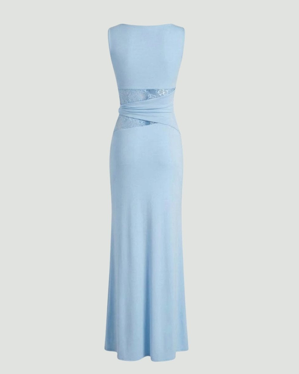 Product flat lay of the light blue Deborah gown, back view, showing the construction of the wrap-effect waist and simple back panel.