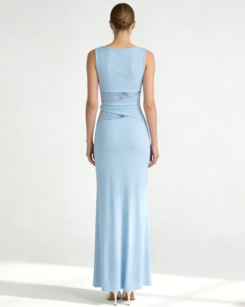 Back view of the Deborah sleeveless evening gown in light blue, showcasing the clean lines and wrapped waist design.