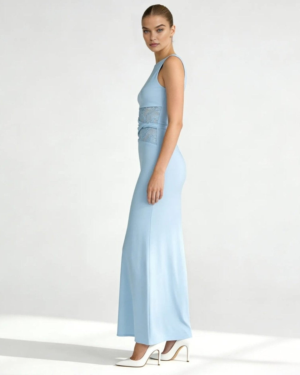 Side profile of the light blue Deborah formal gown, highlighting the sleek column silhouette and lace paneling at the waist.