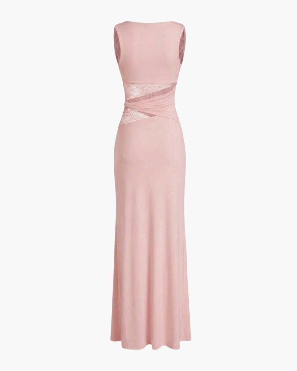 Product-only back view of the deborah pink formal gown, showing the construction of the lace panels and concealed zipper.