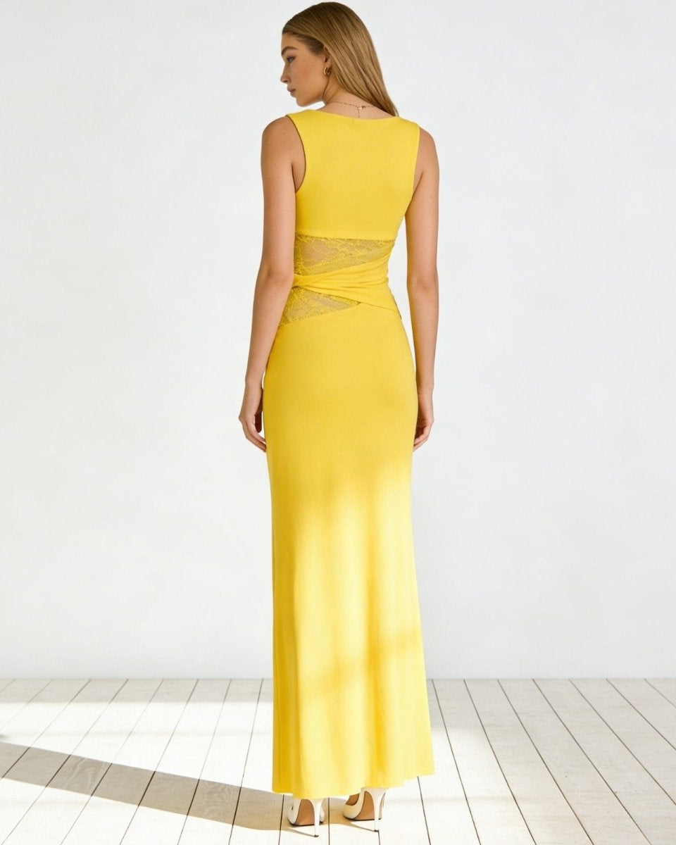 Back view of the sleeveless yellow midi dress, showcasing the high back and form-fitting silhouette.
