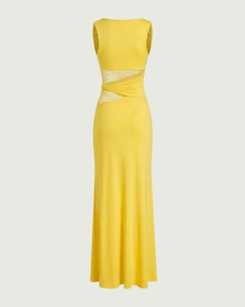 Flat lay product image showing the back of the yellow cut out midi dress on a light grey background.