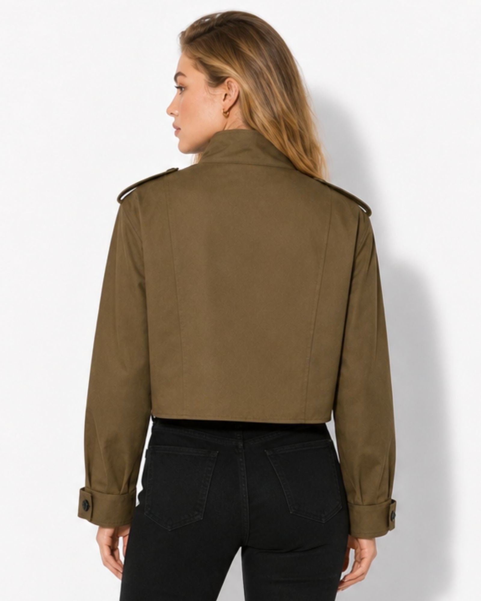 Back view of designer olive green cropped jacket showing a flawless tailored fit and modern boxy silhouette.