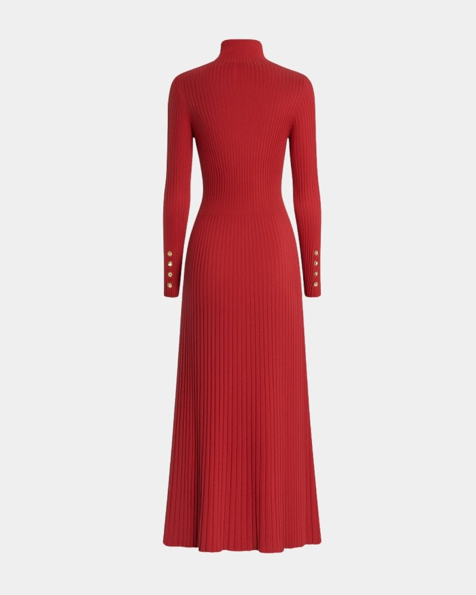 Rear flat lay of the Dianne red knit dress, displaying the quality of the turtleneck and A-line construction.
