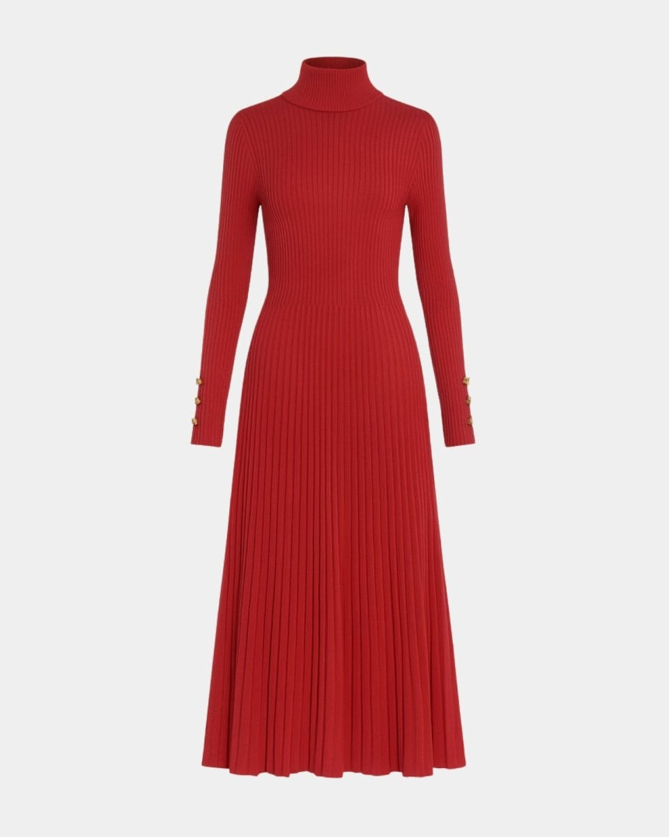 Front view of the Dianne red ribbed knit turtleneck dress with detailed view of the gold buttons on the long sleeve cuffs.