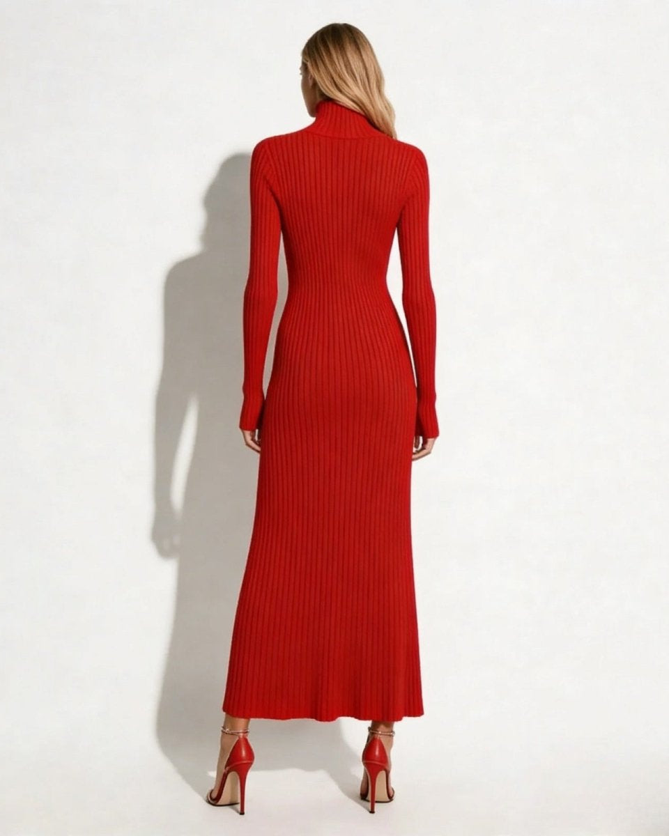 Back view of the long sleeve poppy red turtleneck dress, showing the continuous vertical ribbing that elongates the figure.