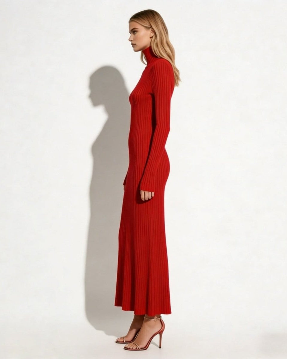 Side profile of the Dianne red sweater dress in a form-fitting ribbed knit, highlighting the elegant drape and maxi length.