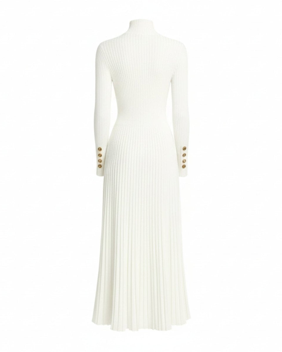Product flatlay showing the back of the white Dianne knit midi dress, highlighting the full length and sleeve construction.