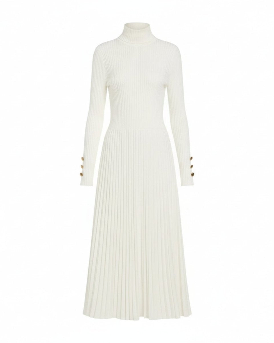 Product flatlay of the white Dianne turtleneck sweater dress from the front, displayed on a white background to show texture and detail.