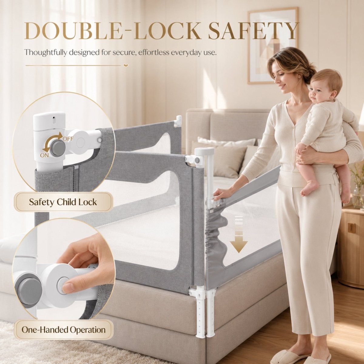 A mother holding her baby while demonstrating the quiet, one-handed vertical lift and double-lock child safety mechanism on the side track of a Kouvr bedside rail guard.