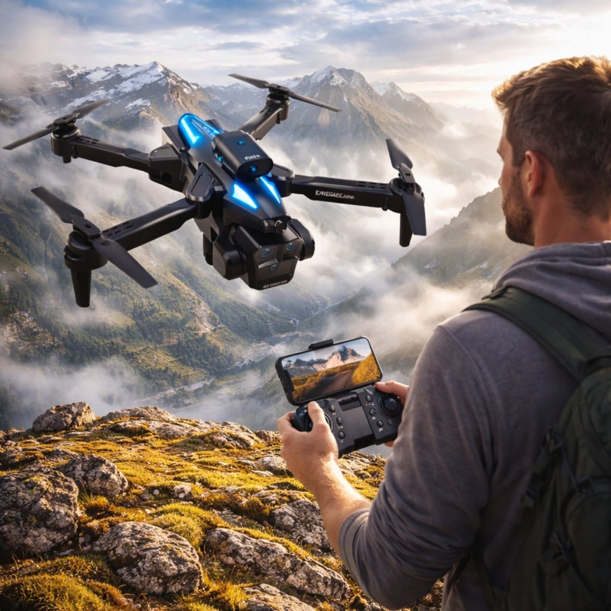 A male hiker on a rocky mountain ridge operating a black Drone Max quadcopter using a remote with a smartphone FPV screen.