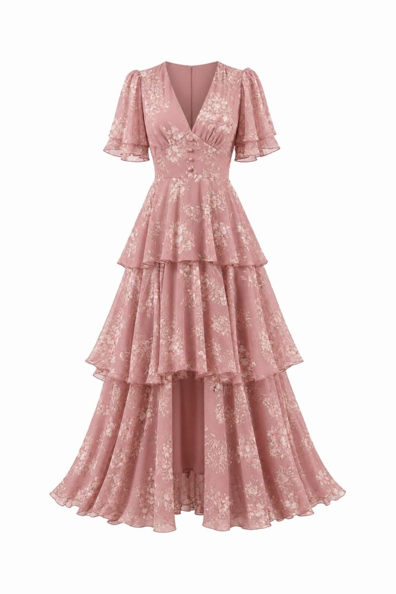 Studio shot of dusty rose luxury tiered floral dress highlighting delicate bodice buttons