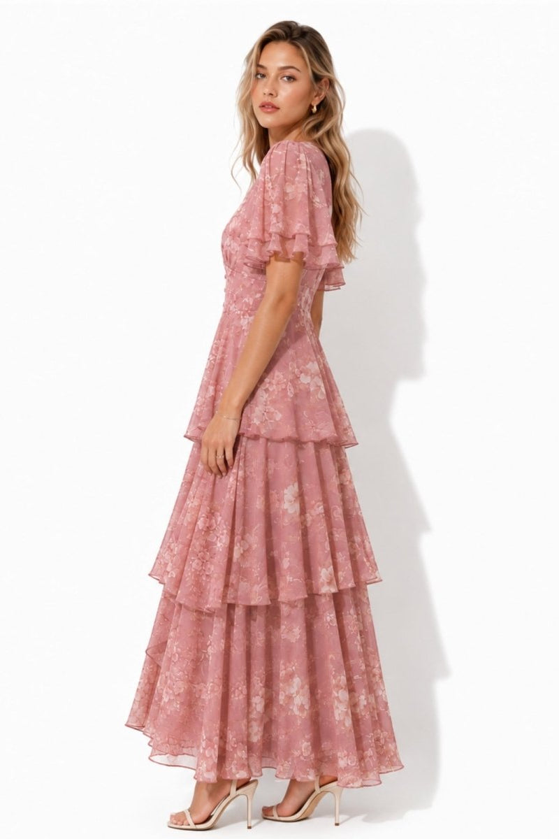 Side view of dusty pink floral ruffle luxury resort wear maxi dress