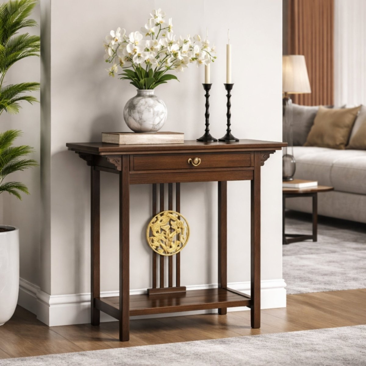 A product specification image of the Kouvr Dynasty console table with clear measurements for height, width, depth, and drawer size in inches and centimeters.